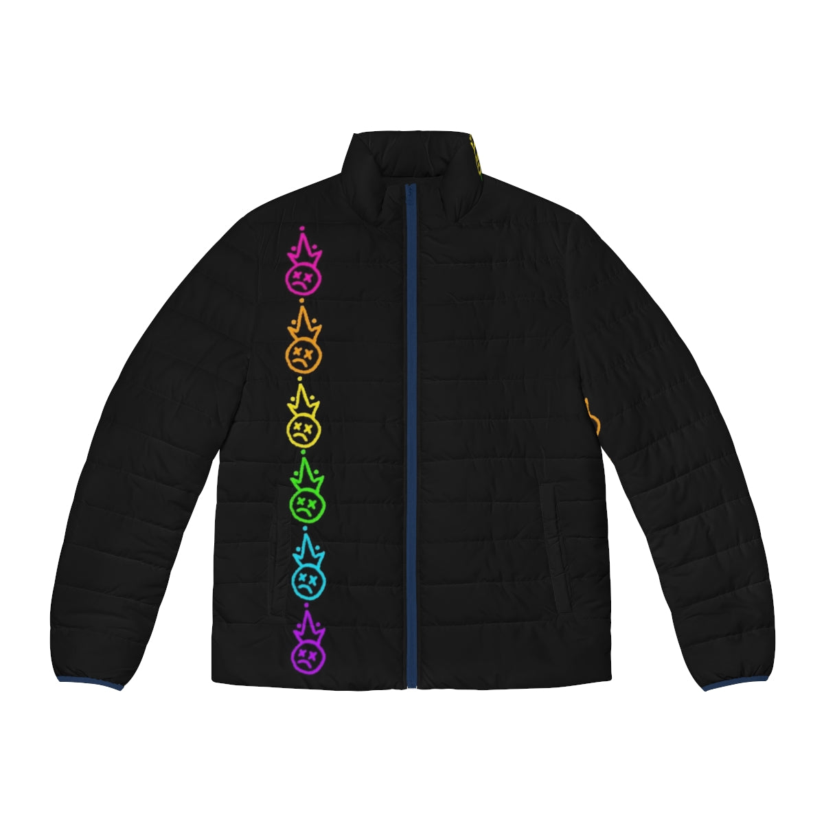 Colorful rainbow puffer jacket featuring the Fall Out Boy (FOB) logo