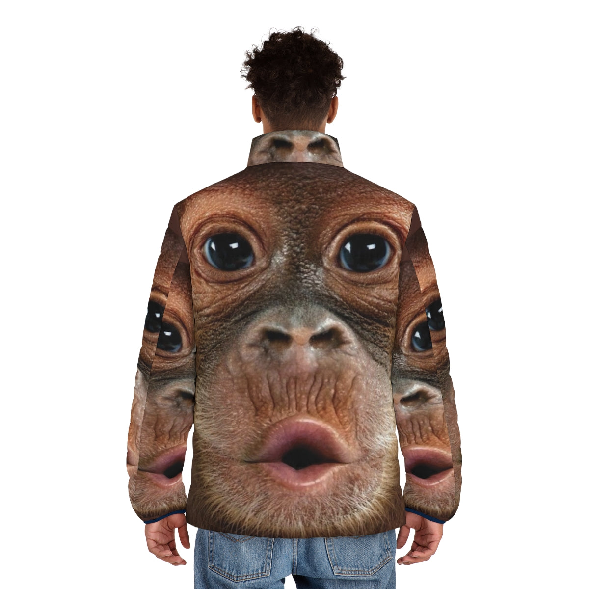 Puffer jacket featuring a hyper realistic baby orangutan monkey print design - men back