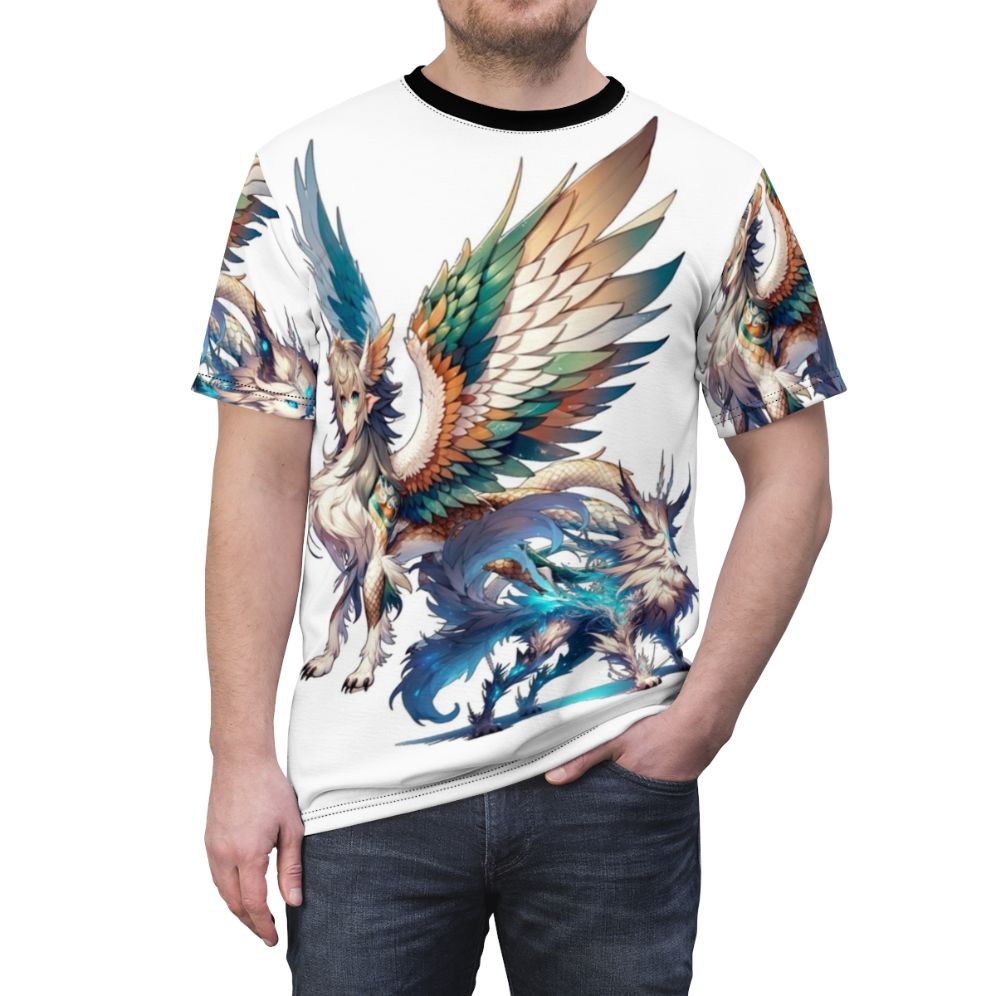 T-shirt design featuring a collage of legendary animals and mythological creatures - men front