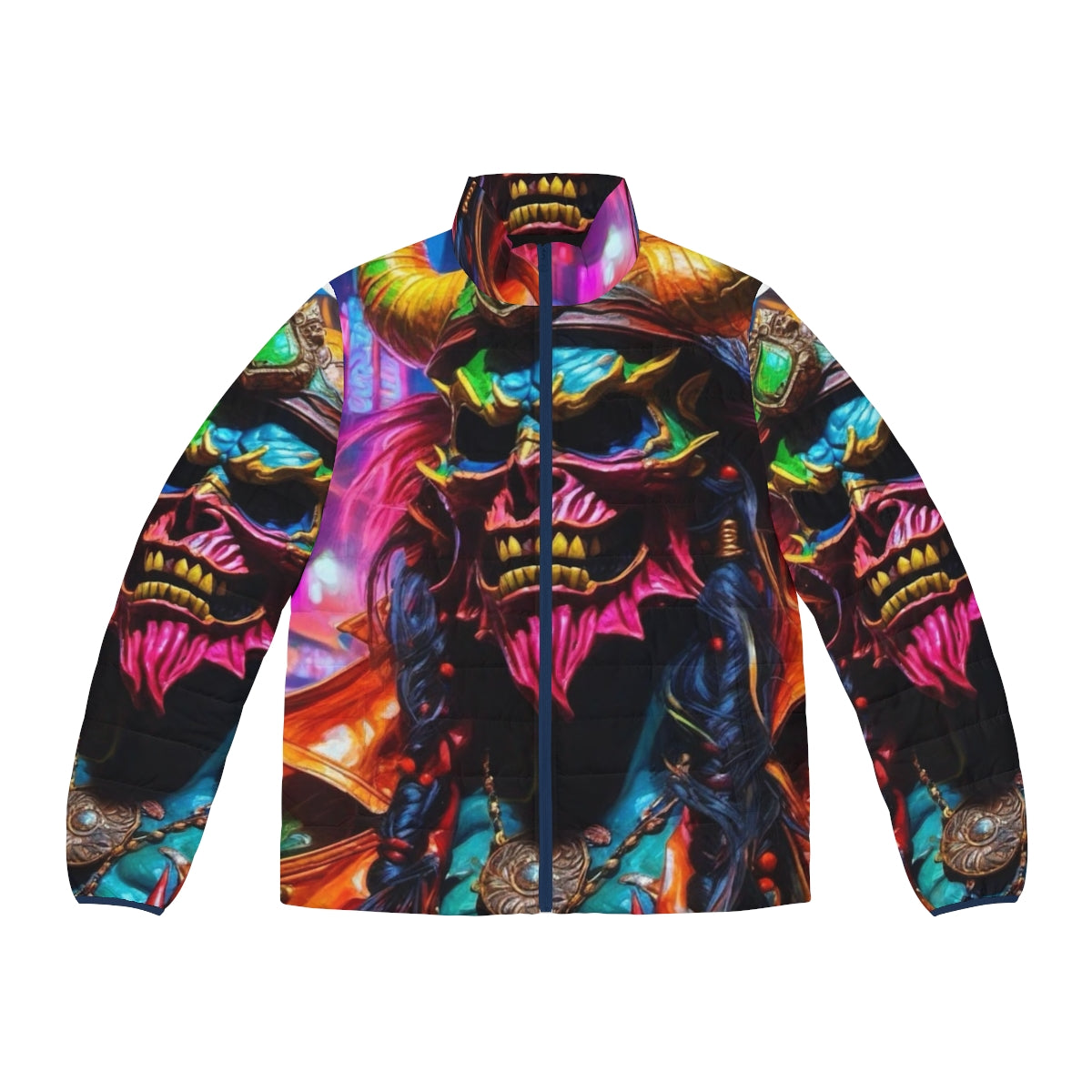 Neon puffer jacket with pirate, demon, and graffiti design