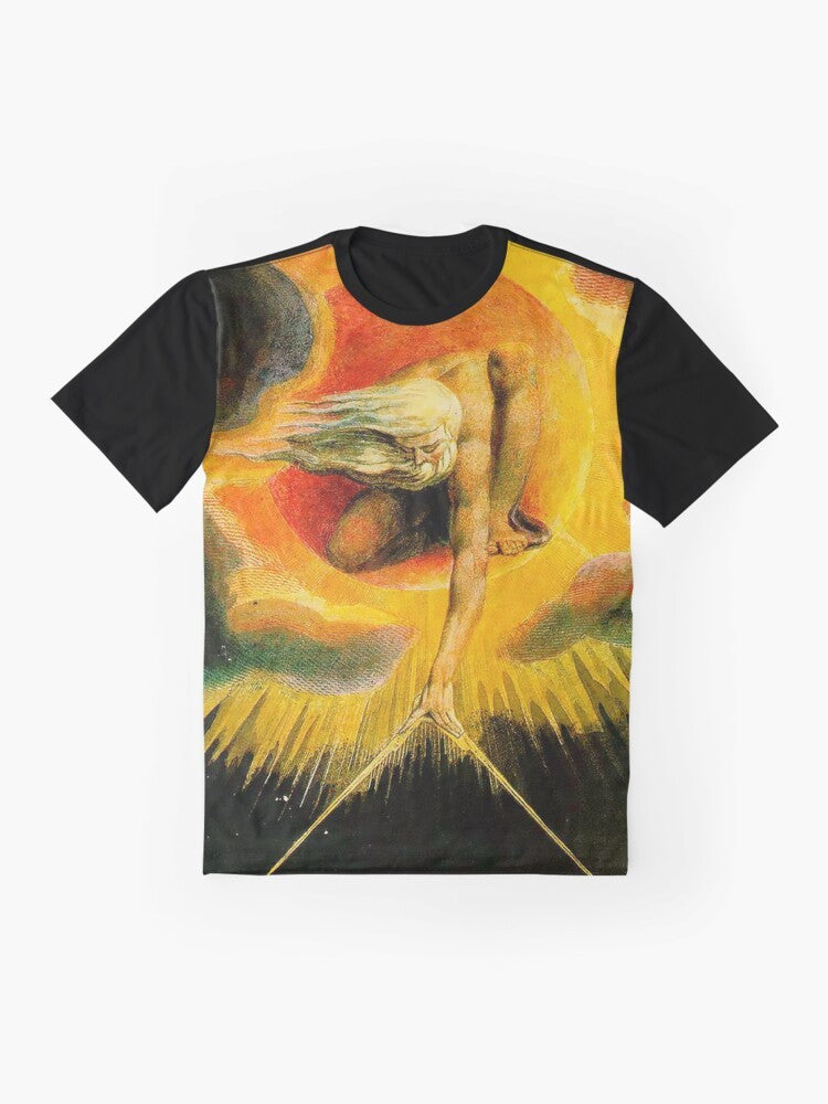 Graphic t-shirt featuring "The Ancient of Days" by William Blake, a mystical and surreal artwork depicting God the Creator. - Flat lay