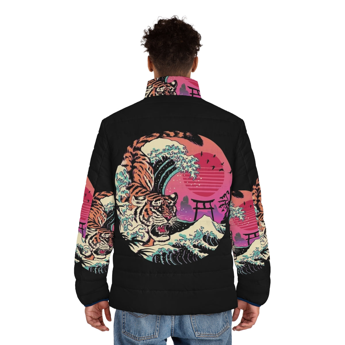 Retro puffer jacket with tiger wave graphic design - men back