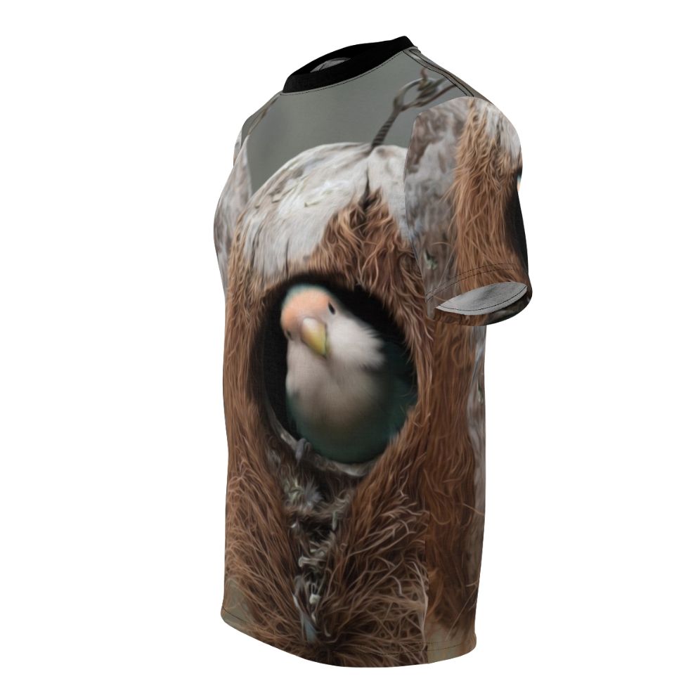 T-shirt featuring a vibrant design of birds, nests, and feathers in a natural landscape. - men left