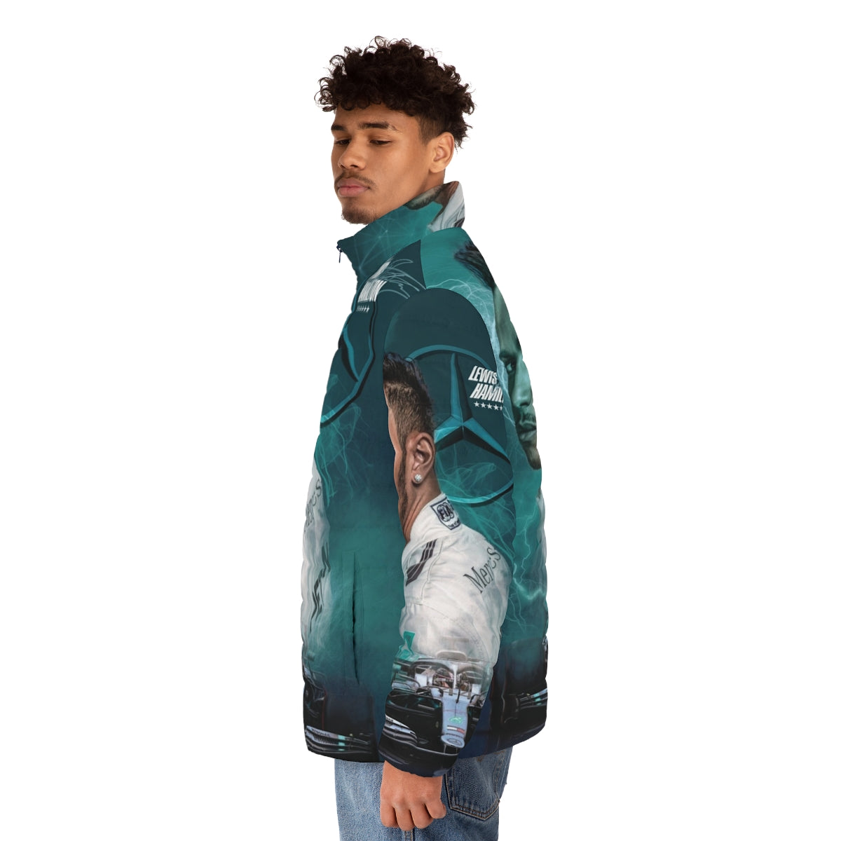 Lewis Hamilton wearing a puffer jacket with Mercedes AMG racing branding - men side left