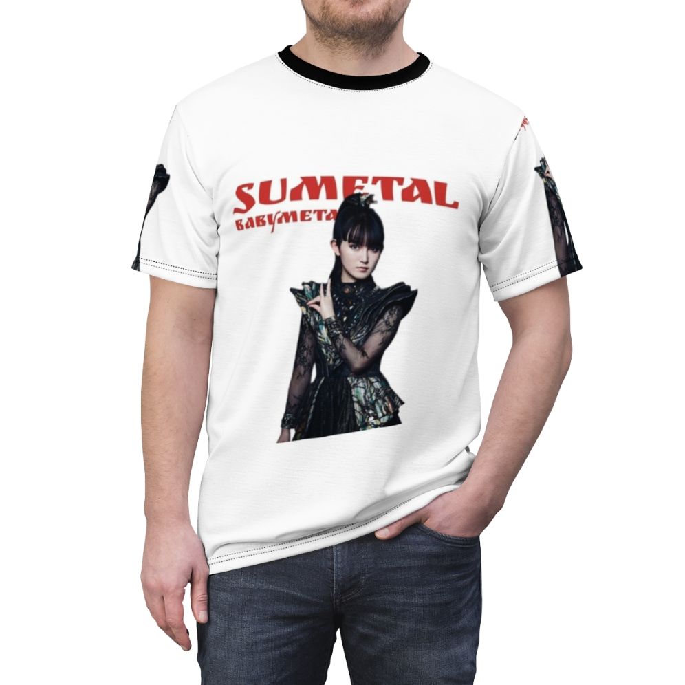 Sumetal-inspired all-over-print t-shirt featuring Japanese metal band design - men front