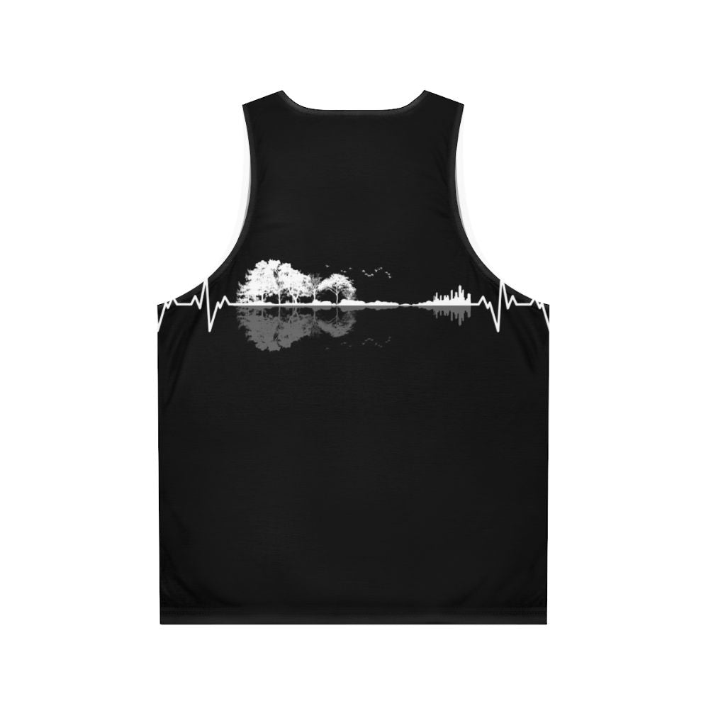 Unisex tank top with minimalist design featuring nature and music motifs - Back