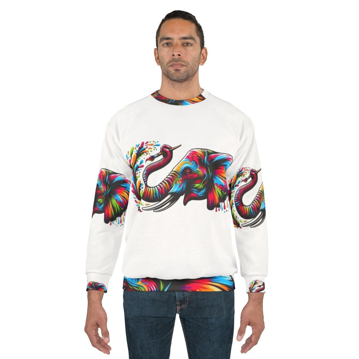 Colorful elephant painting on a cozy sweatshirt - men