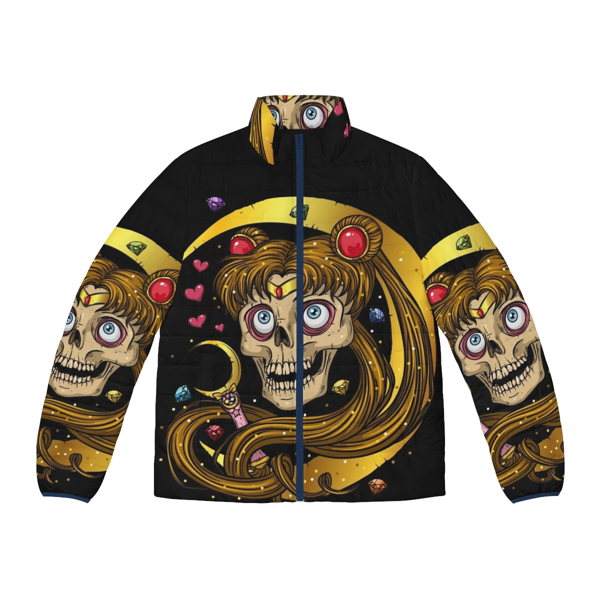 Puffer jacket with a moon skull design for a dark, occult fashion look