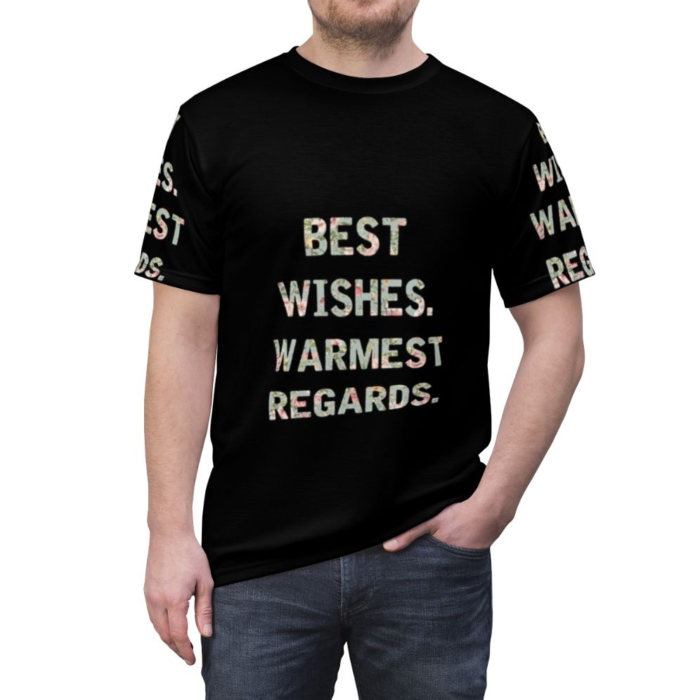 Schitt's Creek inspired AOP t-shirt featuring the iconic "Best Wishes Warmest Regards" phrase - men front