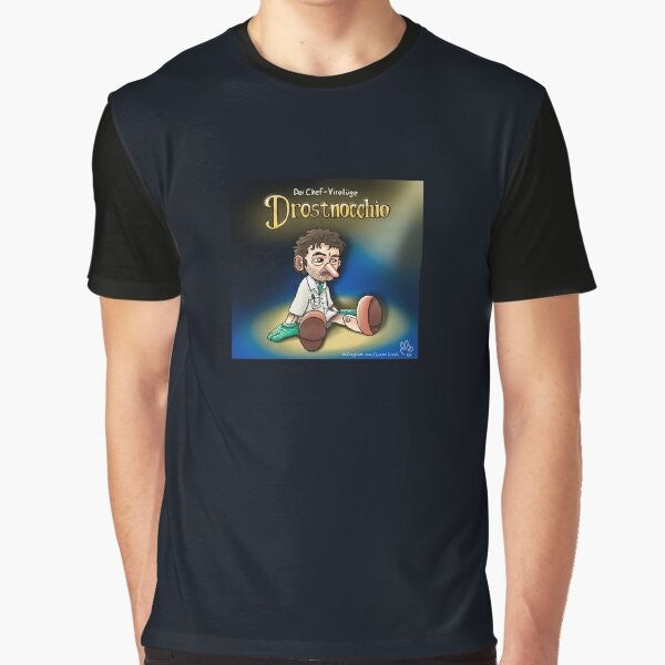 Graphic t-shirt design featuring a cartoon virologist character and the text "Drostnocchio - The chief viral lie"