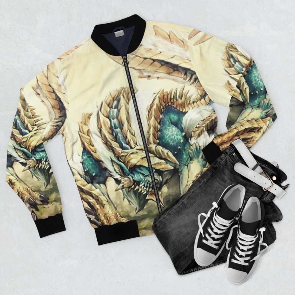 Monster Hunter Zinogre Roaring Thunder Bomber Jacket with Iconic Game Design - Flat lay