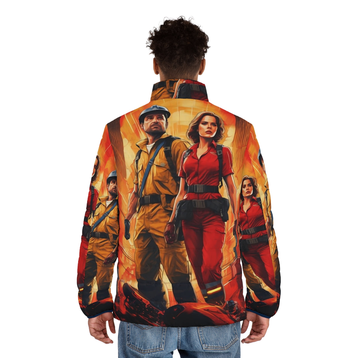 Stranger Things inspired puffer jacket with retro 80s design - men back