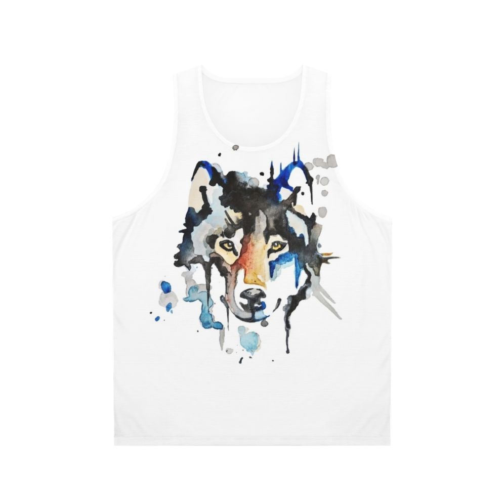 Watercolor wolf design on unisex tank top