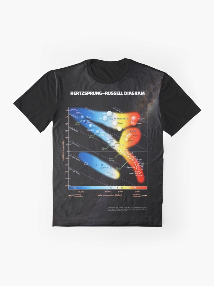 Hertzsprung-Russell diagram graphic t-shirt featuring an infographic design showcasing the evolution of stars. - Flat lay