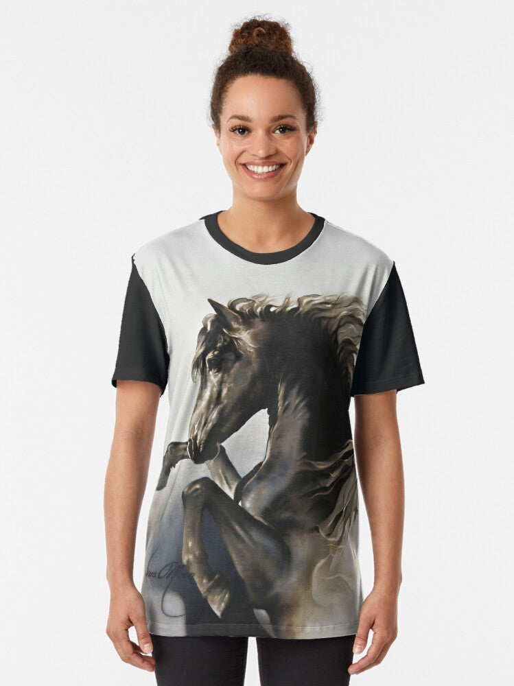 A majestic black stallion rearing up in a powerful graphic design on a black t-shirt. - Women