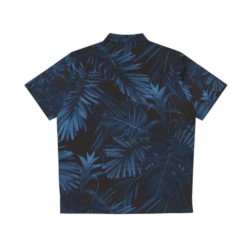 Dark indigo tropical Hawaiian shirt with floral and palm leaf pattern - Back