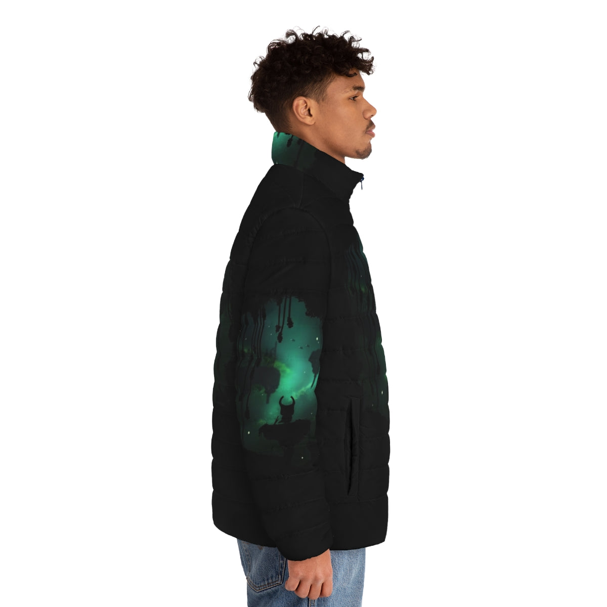 Greenpath Puffer Jacket - A cozy and stylish puffer jacket inspired by the Hollow Knight game's lush Greenpath region. - men side right