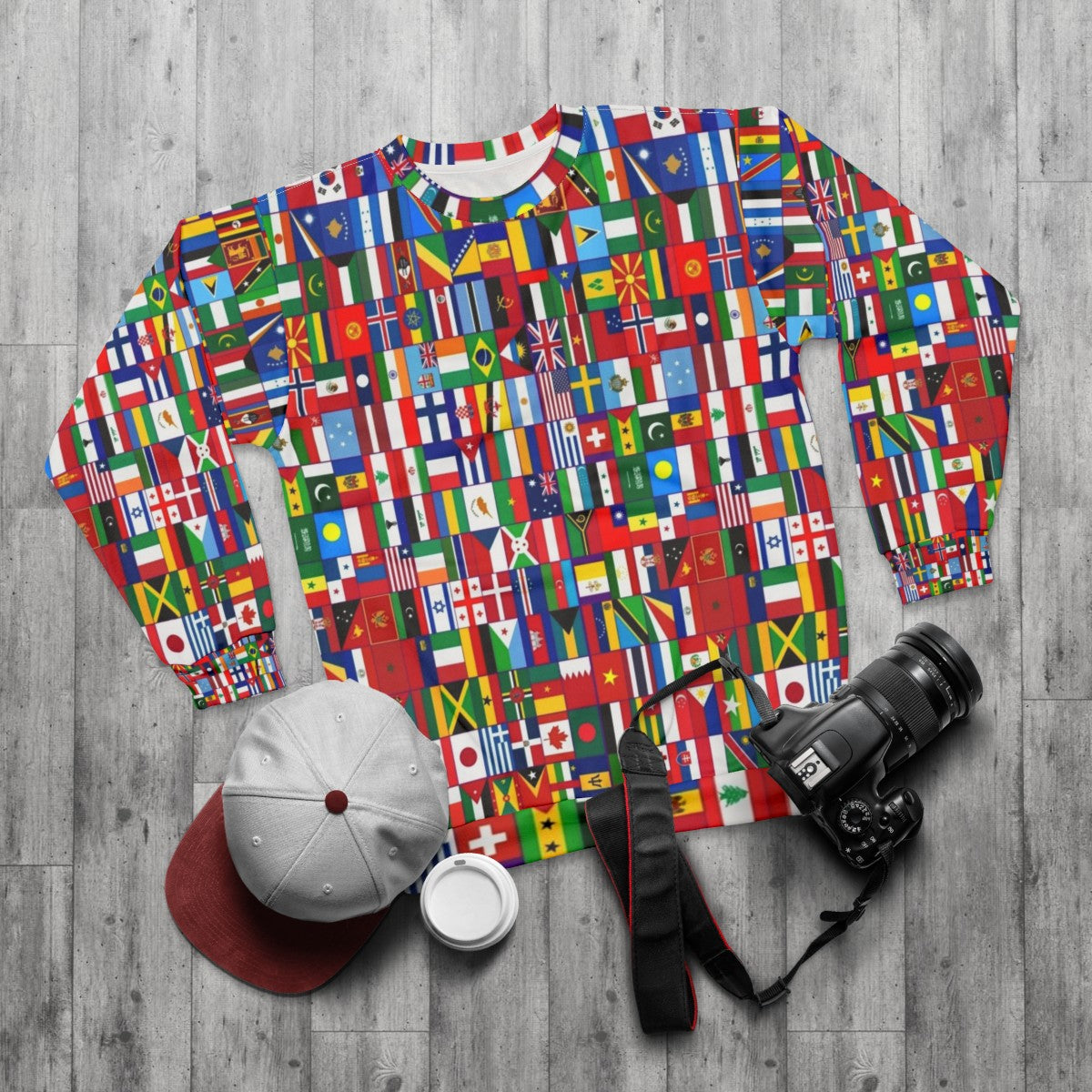 Flags of the World Sweatshirt showcasing cultural diversity - flat lay