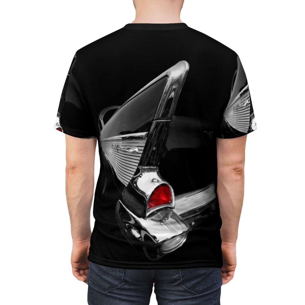 Black t-shirt featuring a high contrast, low key design inspired by the 1957 Chevrolet Bel Air, a classic American car. - men back