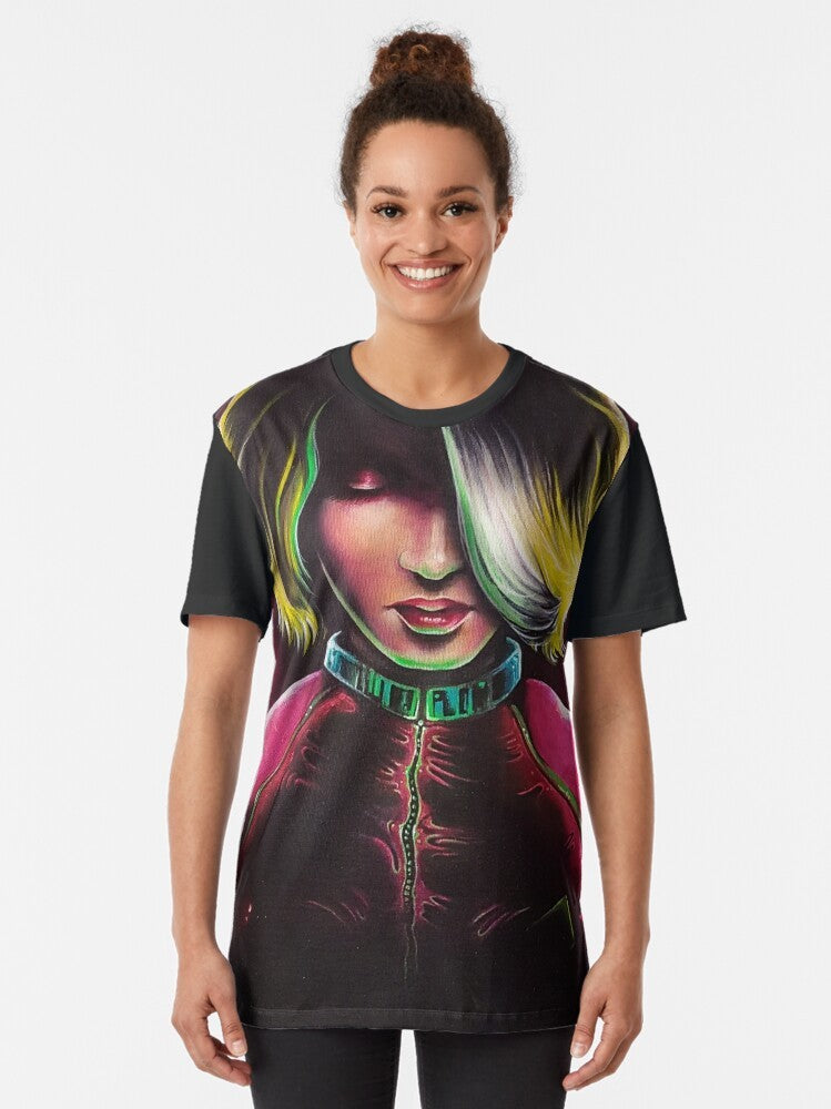 Eco-friendly "Blight" graphic t-shirt with a cartoon design of a girl in a pink and magenta outfit standing in front of a polluted planet - Women