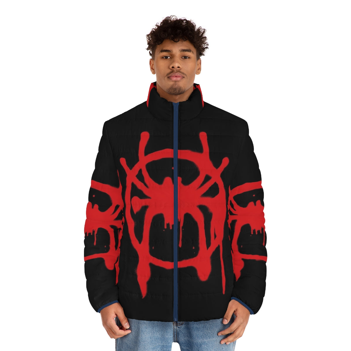 Into The Spider-Verse Miles Morales Puffer Jacket with Spider-Man graphics - men front