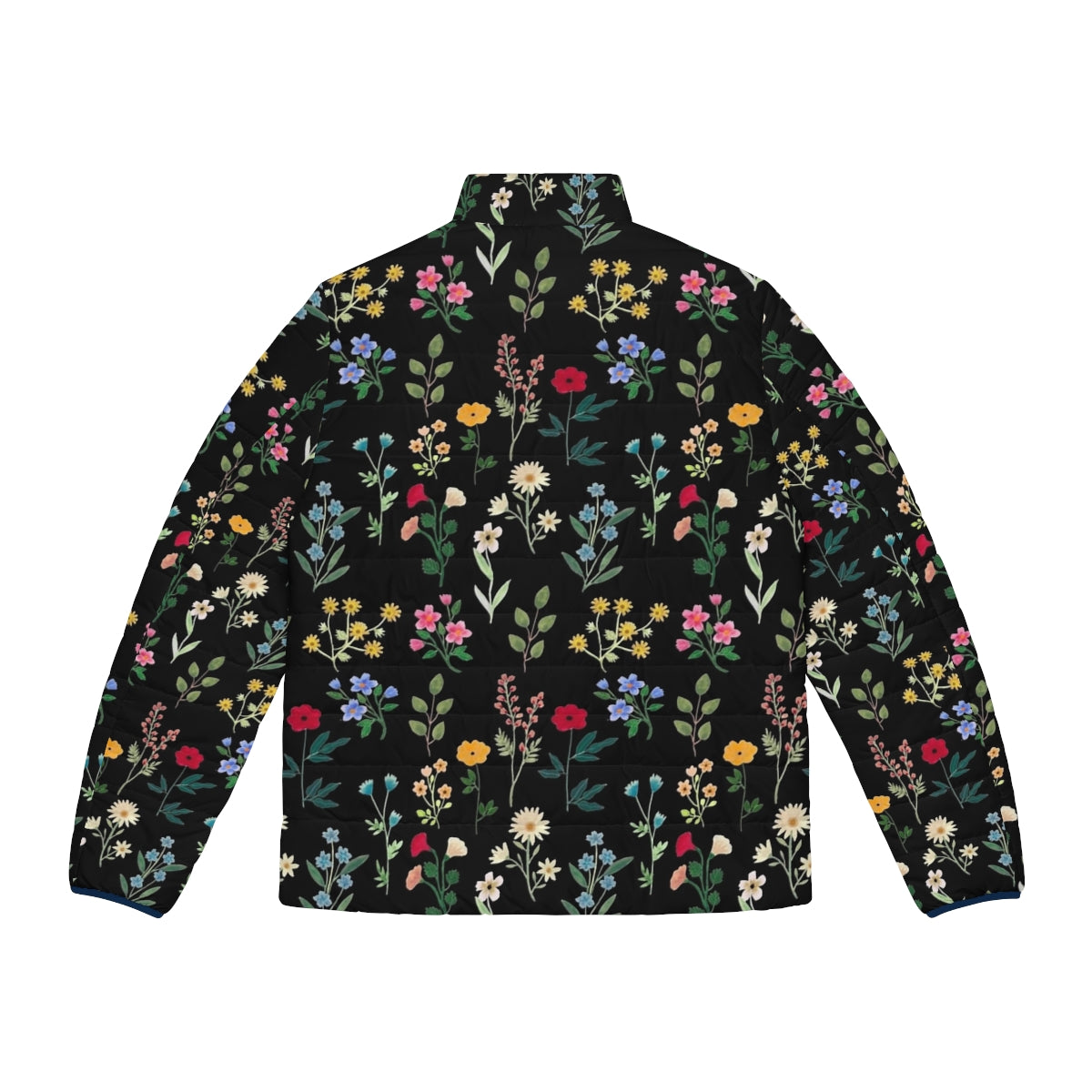 Spring Botanicals Black Puffer Jacket with Floral Pattern - Back