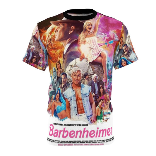 Barbie and Oppenheimer movie crossover t-shirt with nuclear explosion and mushroom cloud design