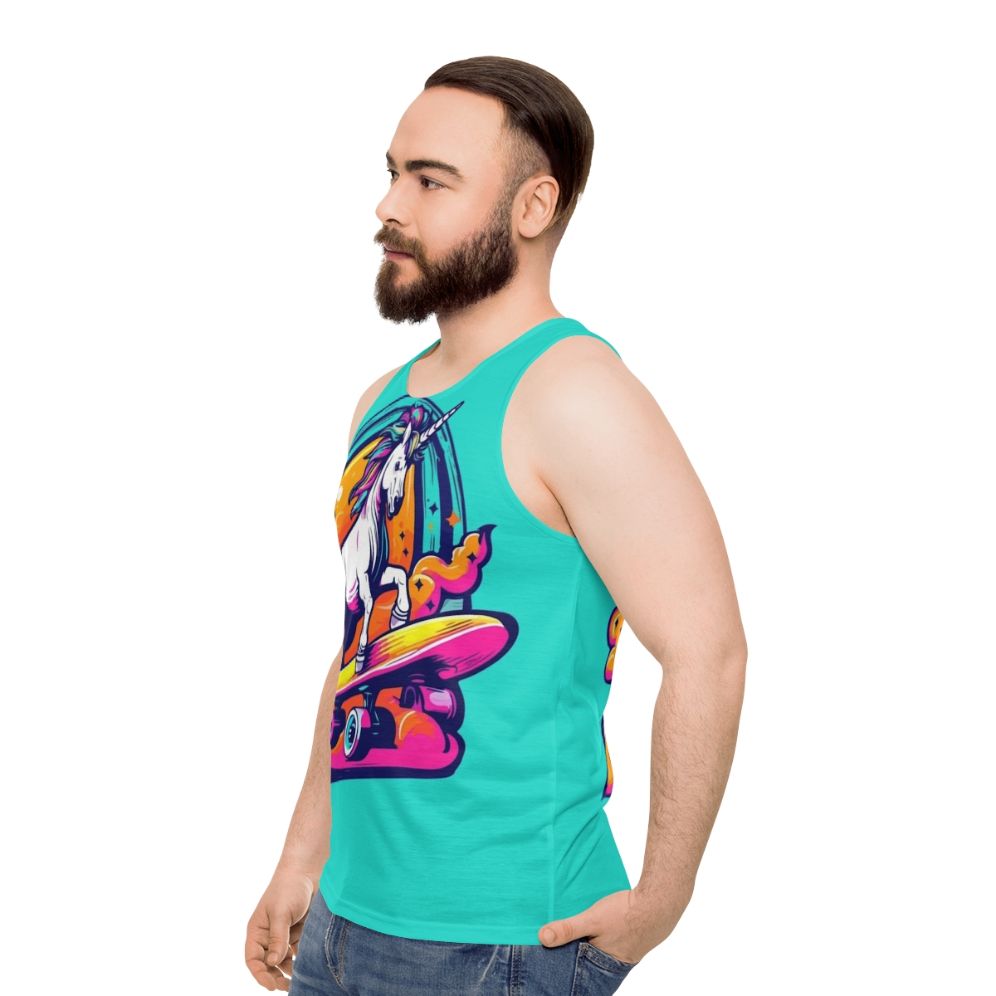 Neon unicorn skateboarding unisex tank top - men side