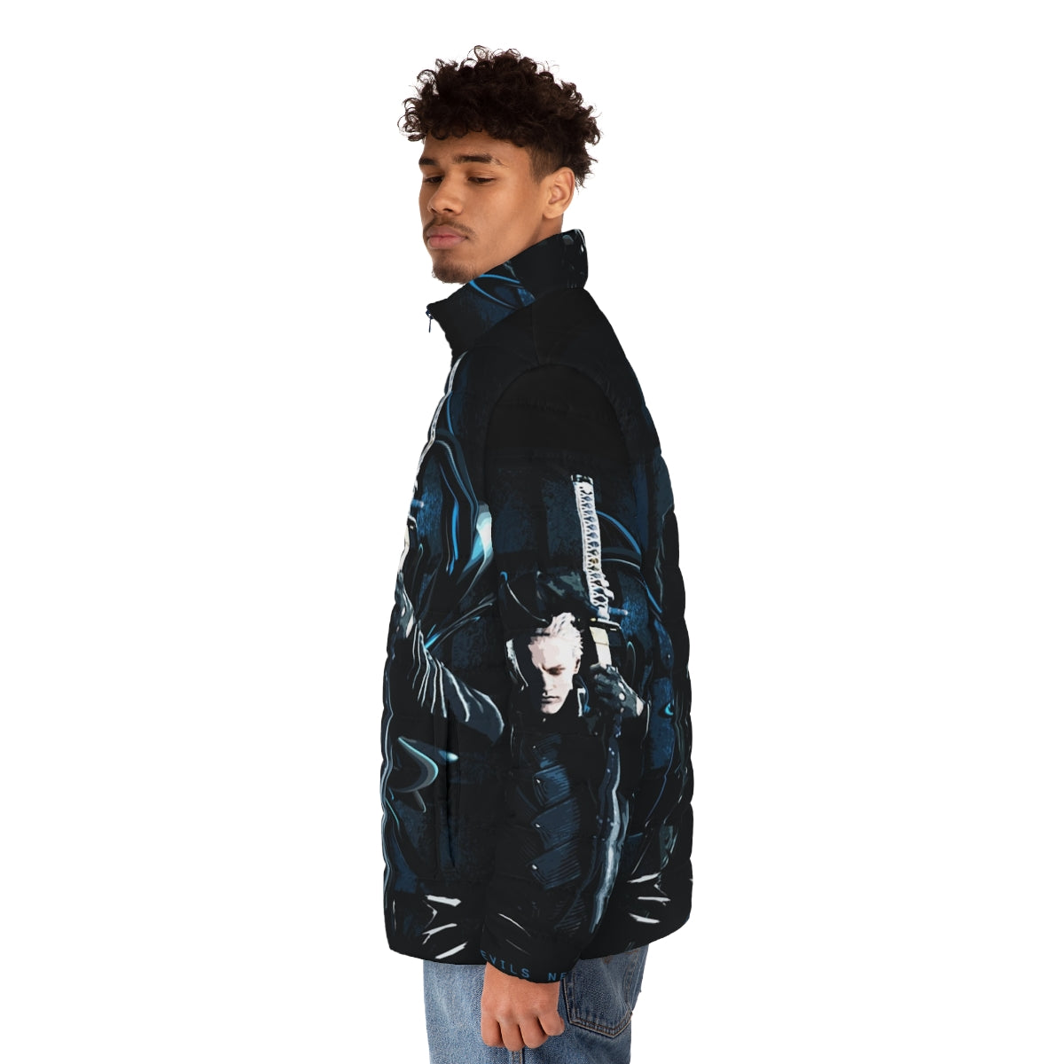 Devil May Cry 5 Puffer Jacket featuring Dante and Vergil inspired design - men side left