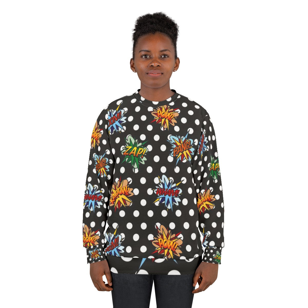 Pop art comic book inspired sweatshirt with modern graphic design - women