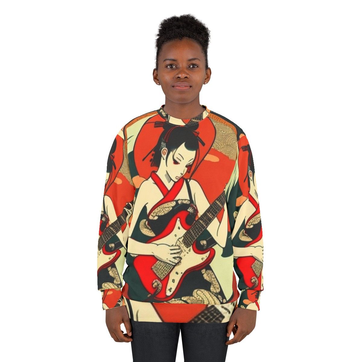 Japanese girl playing guitar on a stylish sweatshirt - women