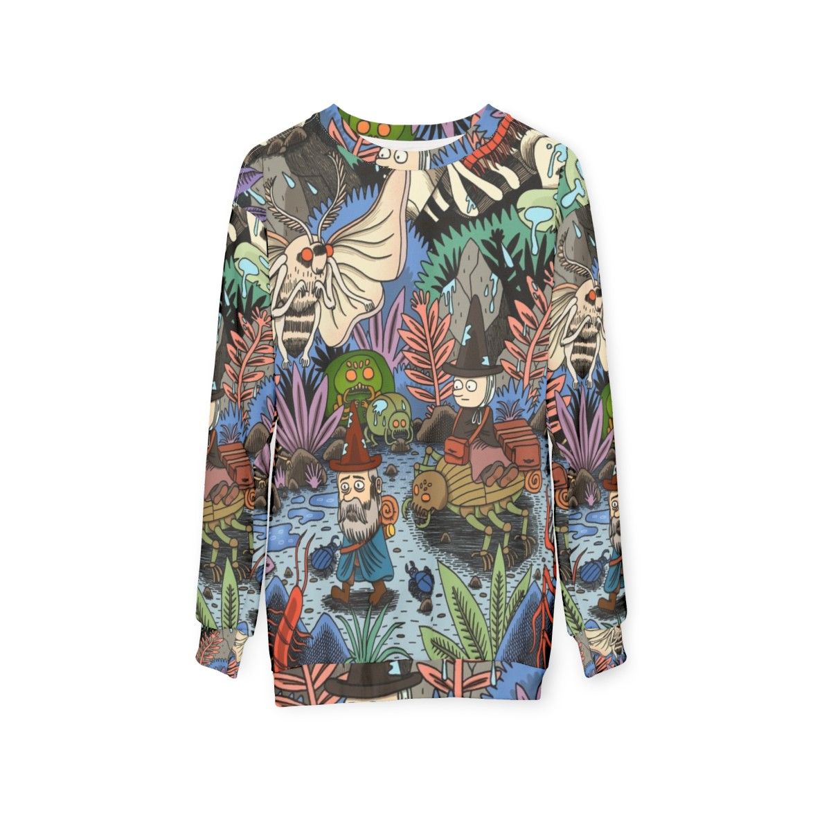 Journey Sweatshirt featuring gnome, nature, and melancholy designs - hanging