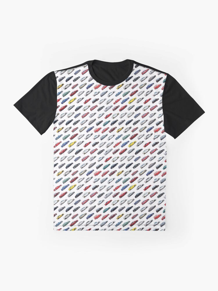 Honda Civic graphic t-shirt with various Honda and Acura model names and logos - Flat lay