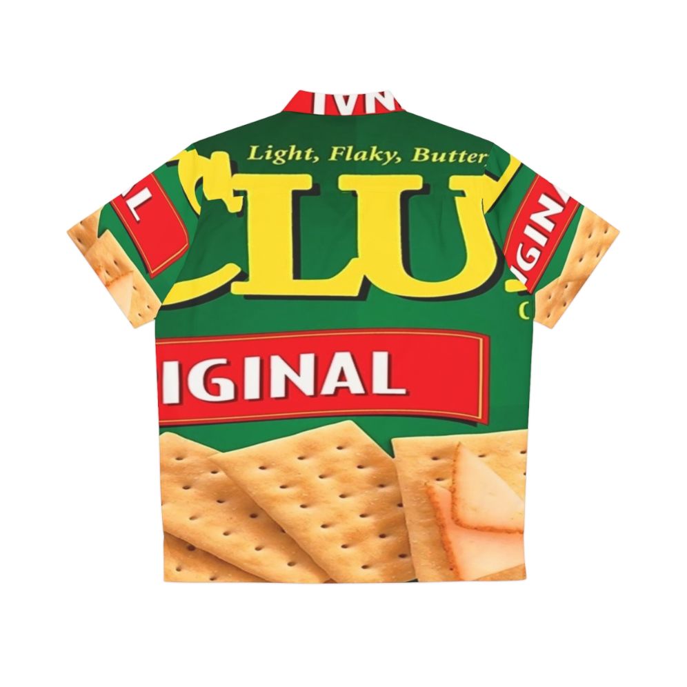 Food-inspired Hawaiian shirt featuring crackers, cheez-its, and other snack elements - Back