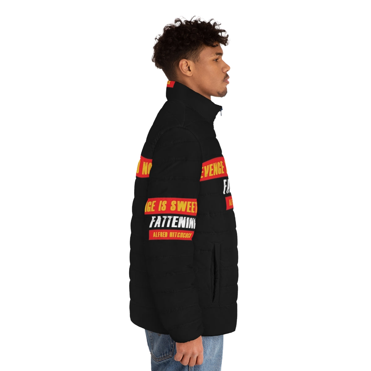 Alfred Hitchcock inspired puffer jacket with quotes and movie references - men side right