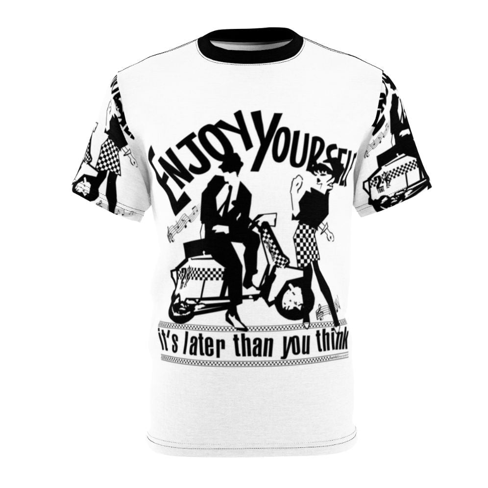 Vibrant all-over-print t-shirt with a ska-inspired design, featuring a bold "Enjoy Yourself" message.