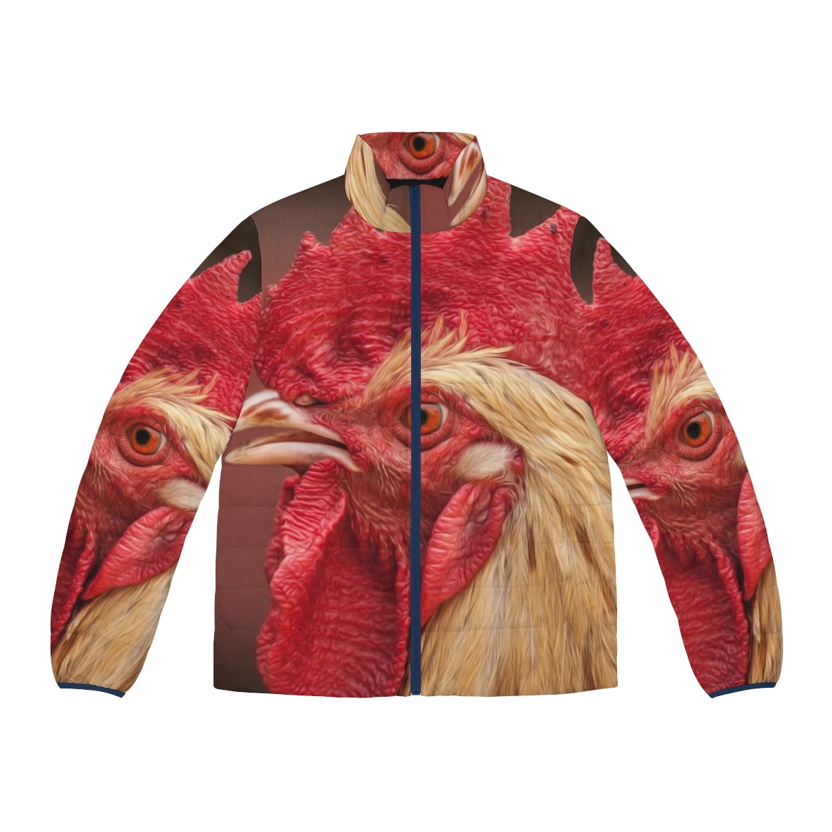 Rooster chicken puffer jacket in red with farm animal designs