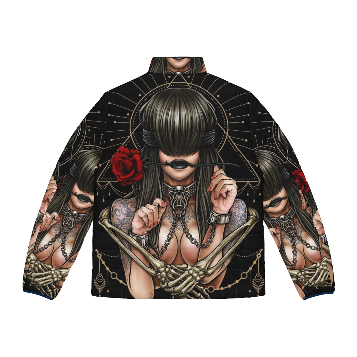 Enchanting "See No Evil" Puffer Jacket featuring surreal gothic design with mystical creatures and sacred geometry - Back