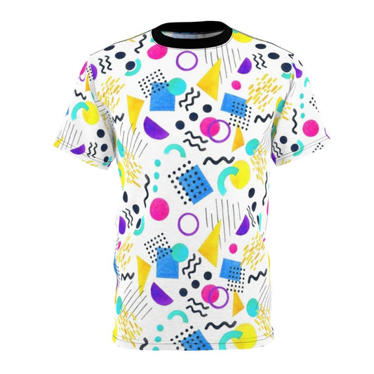 Colorful memphis-style geometric pattern t-shirt with abstract shapes and retro 80s/90s design