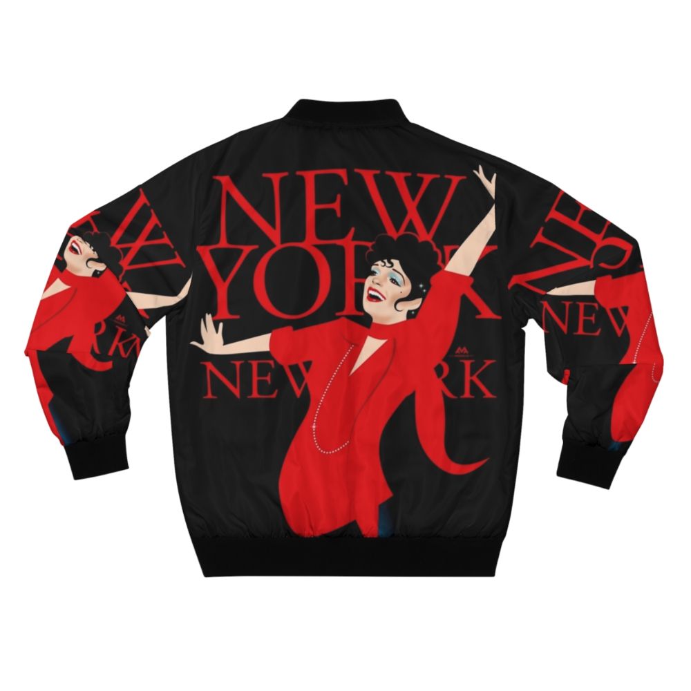 A stylish bomber jacket featuring the New York city skyline and artistic elements - Back