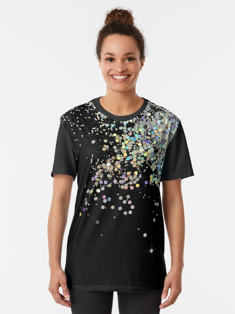 Black and holographic sparkle graphic t-shirt with a modern and trendy design - Women