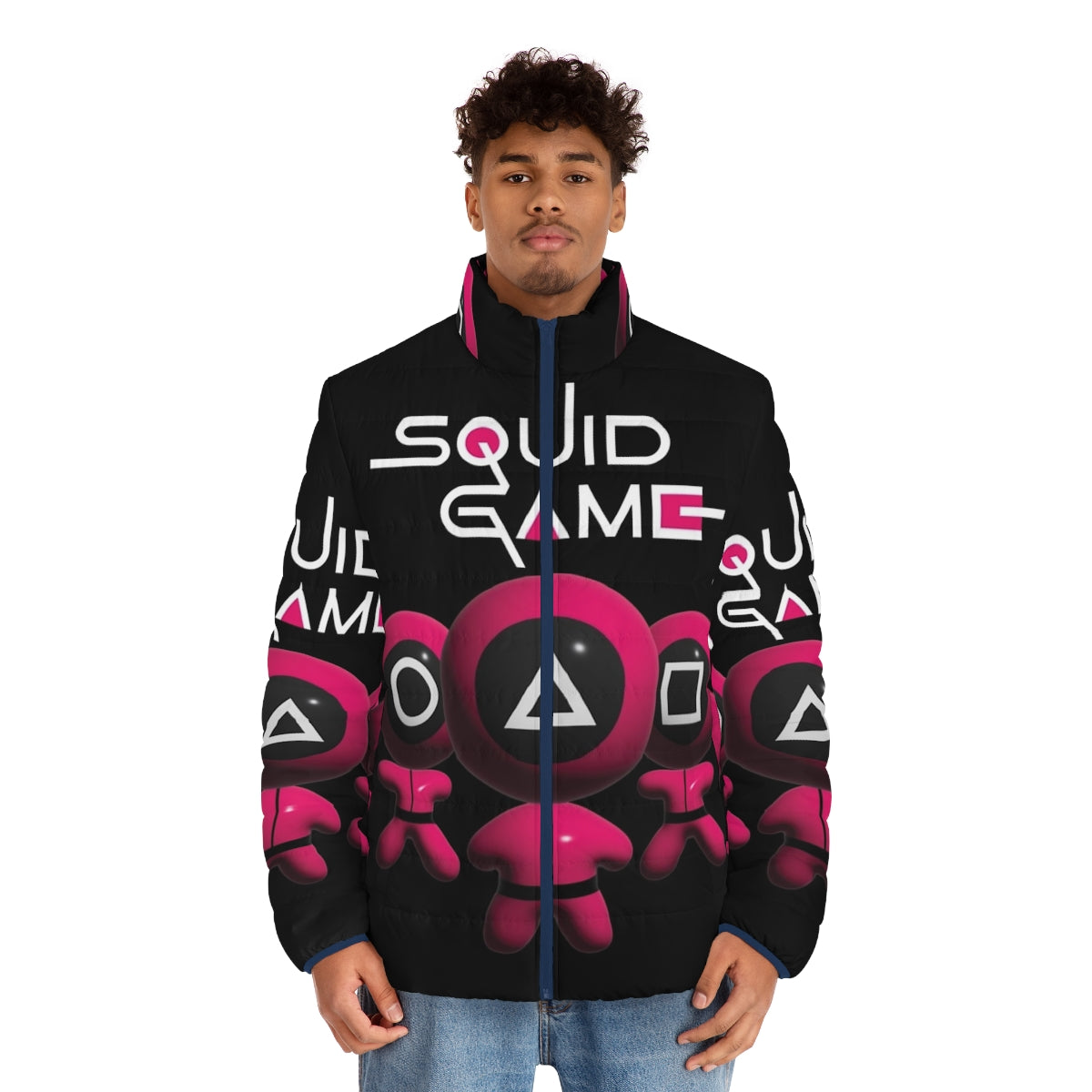 Squid Game fan art puffer jacket with various character symbols and graphics - men front