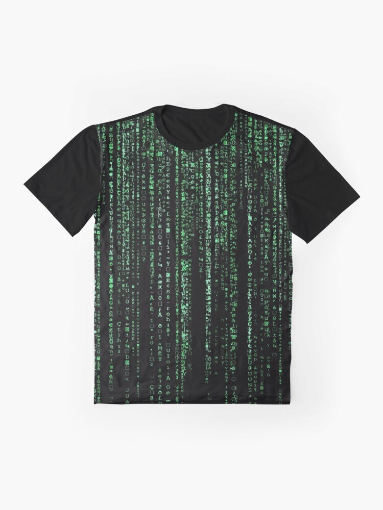 The Matrix Code Background Pattern Graphic T-Shirt featuring the iconic green code from the Matrix movies - Flat lay