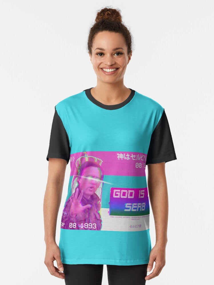 Roki Vulovic "God Is a Serb" vaporwave-style graphic t-shirt with Serbian and Yugoslav imagery - Women