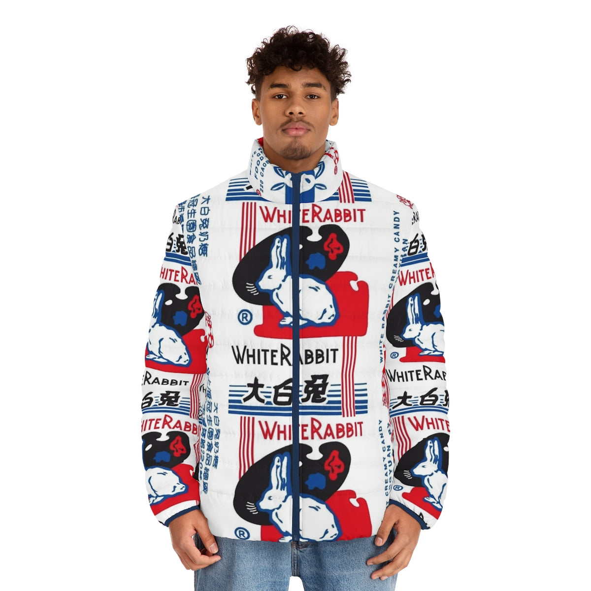 Cozy white puffer jacket featuring the iconic White Rabbit candy design - men front