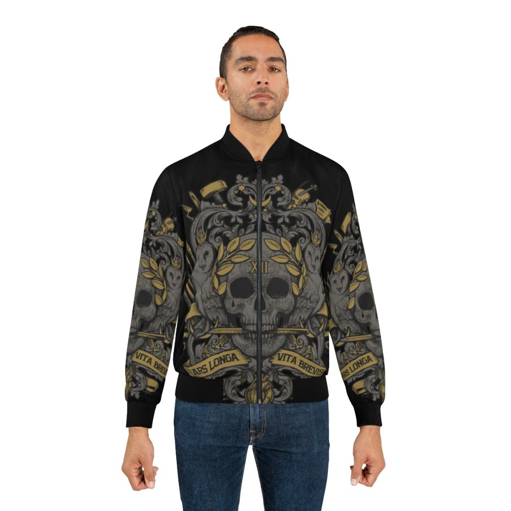 Ars Longa, Vita Brevis Artist's Bomber Jacket with coat of arms design, heraldic elements, and artistic motifs. - Lifestyle