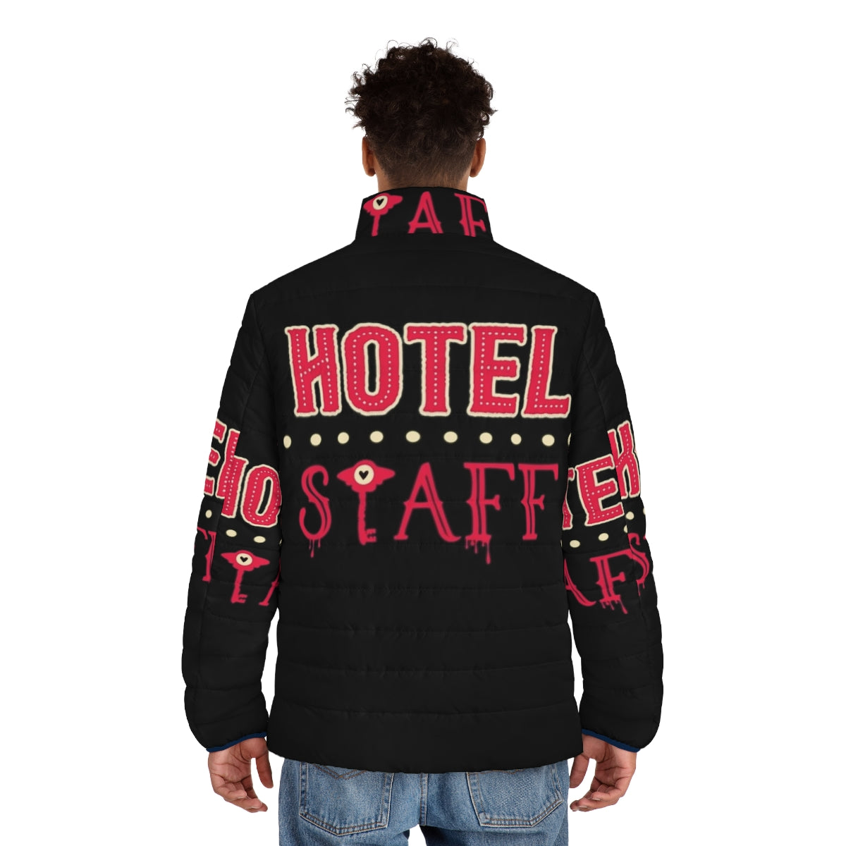 Hazbin Hotel Staff Puffer Jacket with demons, spiders, and other characters from the Hazbin Hotel universe - men back