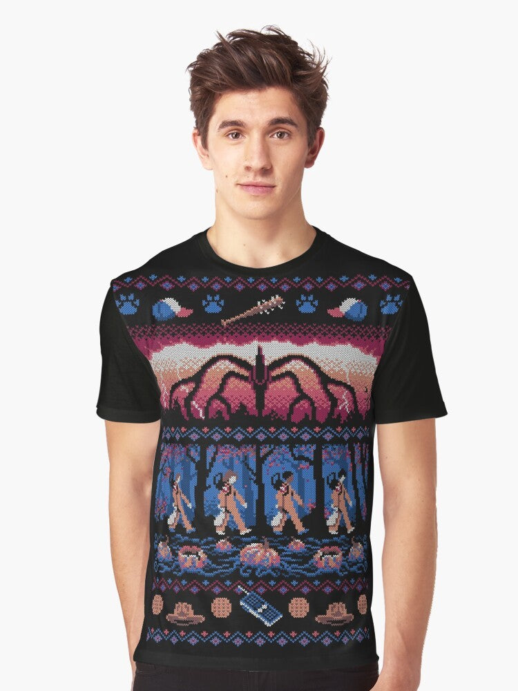 Stranger Things graphic t-shirt featuring a holiday sweater design with the Mind Flayer, Hawkins, and characters from the Netflix series. - Men