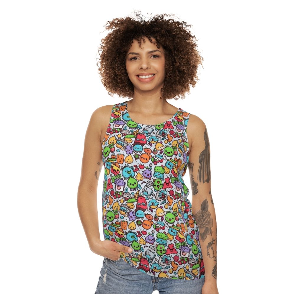 Hobbies Unisex Tank Top with Cartoon Characters and Abstract Pattern - women