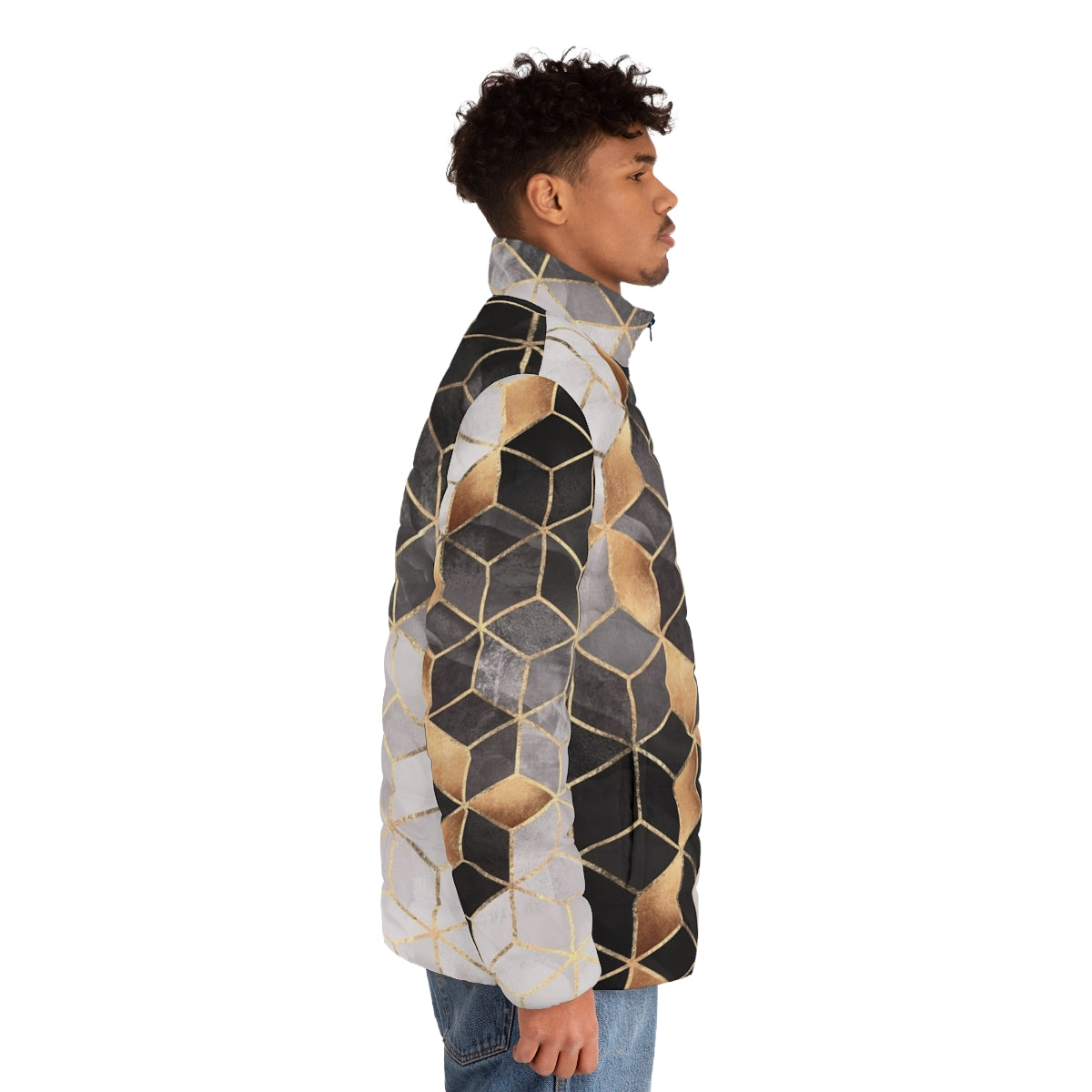 A puffer jacket with a modern geometric cubic pattern design - men side right